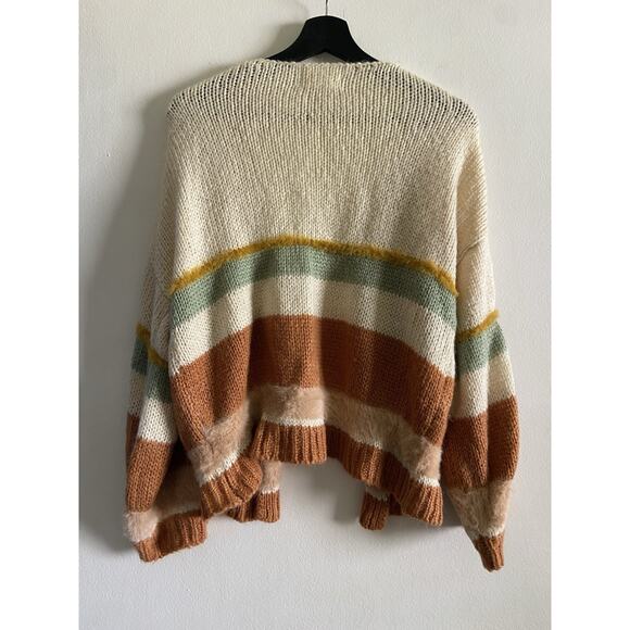 Women's Stripe Open Front Cardigan Small Cable Knit Fuzzy Boho Costal Cozy - Picture 2 of 8